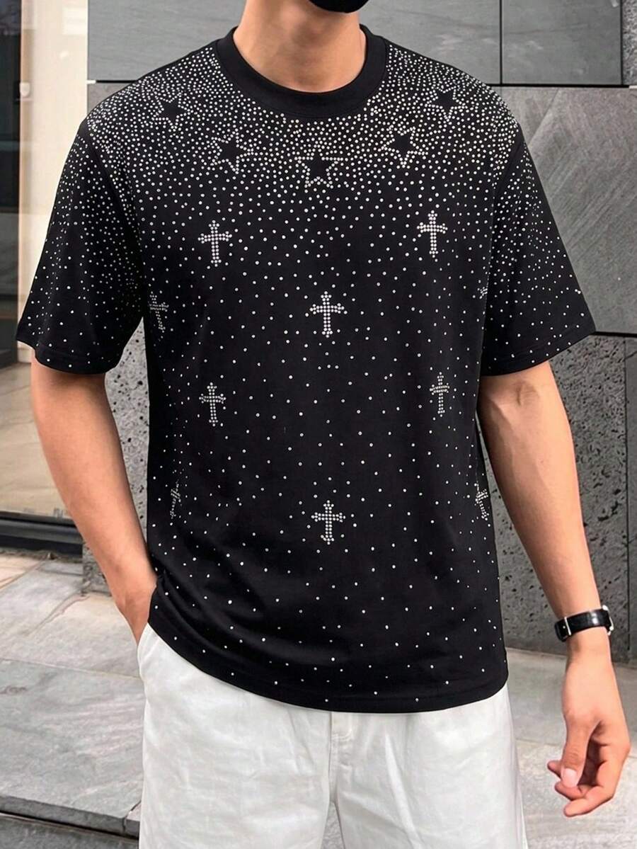 DAZY 黑色水鑽裝飾寬鬆短袖街頭風男士T恤 夏季 - 黑色 - 查看 1