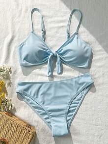 Swim Mod Women's 2 Pieces Bikini Swimsuit Set With Small Ribbed Trim, Double Shoulder Straps, Bow Decor On Chest, High Waist, Casual Beach Vacation Swimwear - Baby Blue - View 2