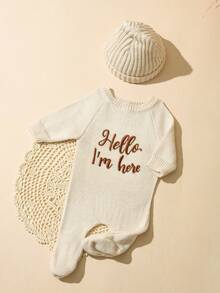SHEIN 2件組 Hello I'm Here 趣味圖案刺繡新生兒攝影服裝 針織海軍藍連身褲連身衣與帽子 嬰兒拍照道具 秋季款 - 米色 - 查看 3
