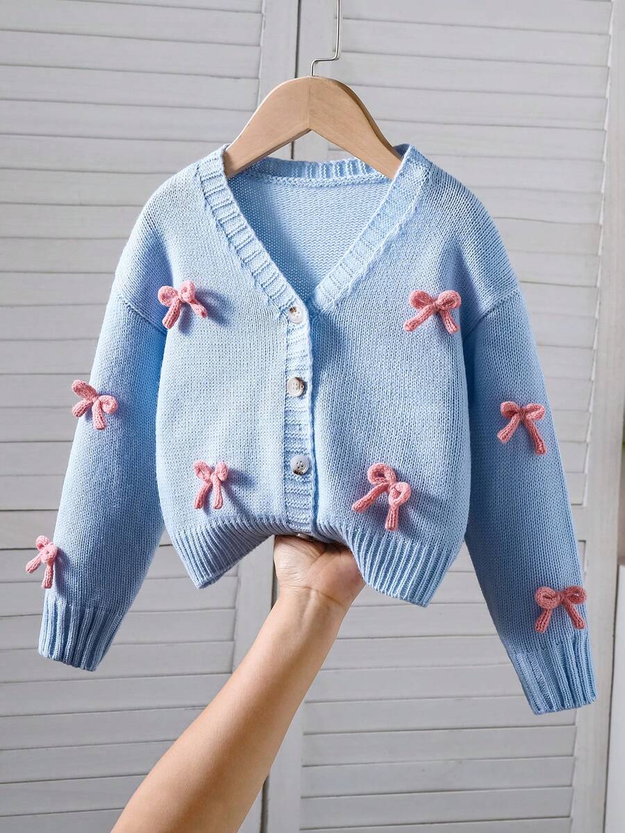 SHEIN 女童V領3D蝴蝶結裝飾休閒百搭日常開襟衫 - 藍色 - 查看 1