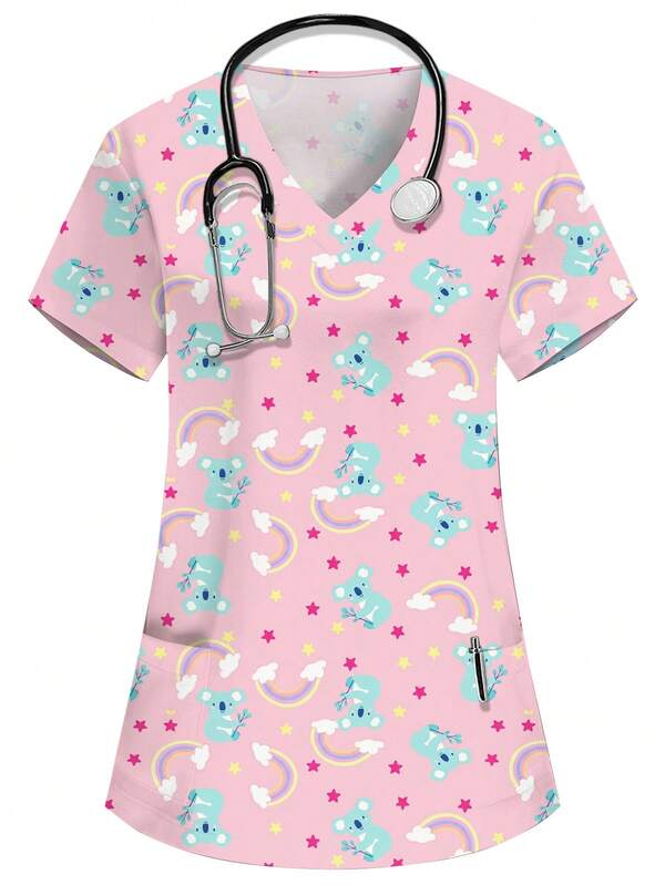 PopScrub Women's Pink V-Neck Short Sleeve Double Pocket Cute Cartoon Pattern, Cute Animal Print, Nurse Doctor Work Uniform Top, Health Checkup Surgical Scrub Uniform, Pet Grooming Work Uniform Top, Nutritionist Work Uniform Short Sleeve, Laboratory Work Uniform, Multi-Pocket Functional Workwear, Functional Women's Holiday Clothing, Cute