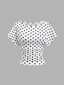 Sweetra Women's New Fashion Versatile Knit Polka Dot Batwing Sleeve Short Sleeve Waist-Cinching Top T-Shirt - White - View 1