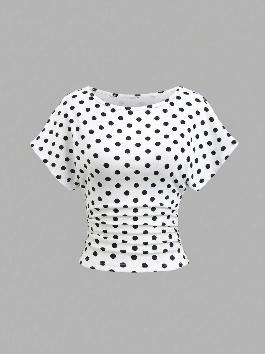 Sweetra Women's New Fashion Versatile Knit Polka Dot Batwing Sleeve Short Sleeve Waist-Cinching Top T-Shirt - White - View 1
