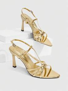 CUCCOO SZL Patent Leather Kink Pointed Stiletto Sandals, Cross Strap Ankle Buckle, Nightclub Date Slim Heels - Gold - View 2