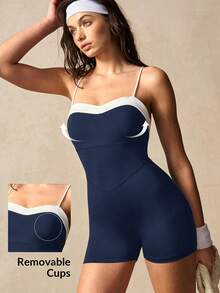 VARSIVA Women's Colorblock Backless Spaghetti Strap Sports Romper - Navy Blue - View 12