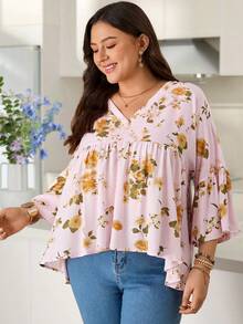 Rosumi Women's Plus Size Mid-Sleeve V-Neck Pink Printed Blouse Fall - Multicolor - View 4
