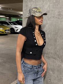 StreetHx Fashionable Casual Disco Street Style Sexy Open Front Camouflage Denim Jacket Club Party Black Summer - Black - View 3