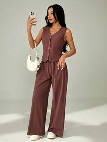 SHEIN PETITE Conjunto casual de 2 piezas de chaleco de un solo pecho y pantalones de unicolor Omen, verano - Marrón - Ver 4