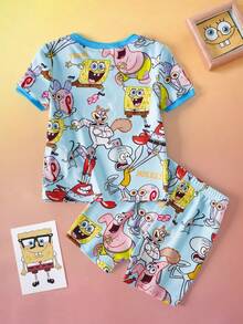 SpongeBob SquarePants | SHEIN 男嬰卡通印花上衣與短褲套裝 貼身居家休閒服 - 藍色 - 查看 2
