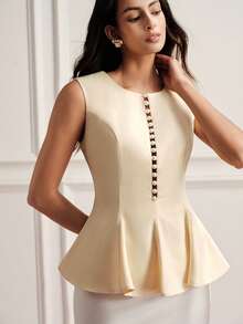 BELROSIE Top elegante francés para mujer de noche de cita, diseño de lujo de alta gama, amarillo pálido, cuello redondo, exquisita decoración de perlas pesadas, cintura ceñida y acampanado - Albaricoque - Ver 3