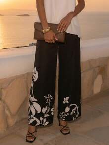 CAJUNI Vacation Casual Floral Print Long Pants - Black and White - View 4