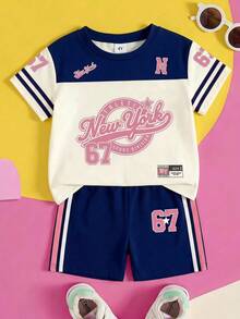 Young Girl Round Neck Letter Print Short Sleeve T-Shirt And Shorts Casual Daily Set Back-To-School School - Multicolor - View 4