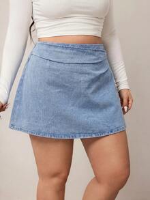 SHEIN CURVE+ CURVE+ 大尺碼女款抓褶牛仔迷你裙，休閒日常與夏季通勤辦公裙 - 淺色水洗藍 - 查看 5
