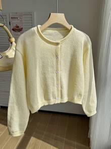 SHEIN Tween Girl Yellow Lightweight Cardigan Suitable For Pairing With Spaghetti Strap Dresses - Yellow - View 4