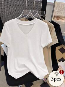 INAWLY Women's Solid Color V-Neck Short Sleeve Casual Versatile T-Shirt - Multicolor - View 1