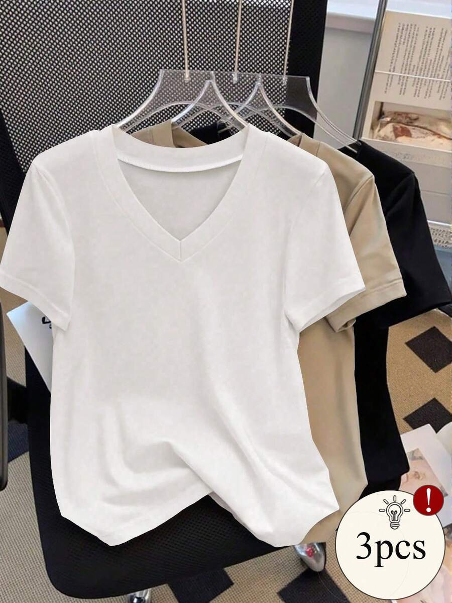 INAWLY Women's Solid Color V-Neck Short Sleeve Casual Versatile T-Shirt - Multicolor - View 1