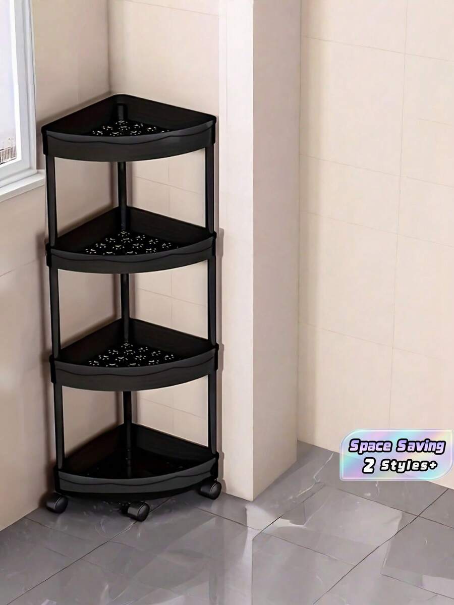 1PC Foldable Easy Assembly Multi Functional Space Saving Sturdy Durable Compact Versatile Modern Corner Shelf Basket Rack For Bathroom Kitchen Cosmetics Bath Products Shampoo Conditioner Body Wash Organizer Storage - Black - View 1