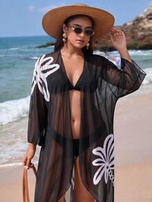 Swim Vcay Women's Plus Size Cardigan With Placement Floral Print, Loose Fit Vacation Beach Vacation Kimono Summer - Black - View 1