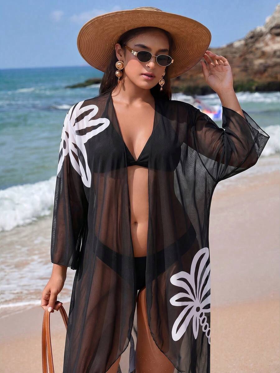 Swim Vcay Women's Plus Size Cardigan With Placement Floral Print, Loose Fit Vacation Beach Vacation Kimono Summer - Black - View 1