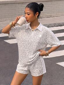 Muchica 女款多針織短袖 Polo 衫與配套短褲休閒兩件套，休閒極簡運動街頭風百搭派對聚會機場穿搭 Y2K 上衣，淺豹紋印花圖案，女款外出穿著，女款夏季套裝 - 彩色 - 查看 5