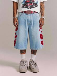 CRAVYNX Streetwear Retro Fashion Versatile Distressed Washed Heart & Lips Embroidery Design Loose Straight Leg Wide Leg Casual Summer Denim Shorts - Light Wash - View 6