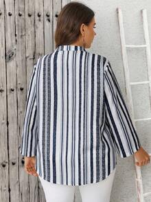 EMERY ROSE Plus Size Casual Striped Notch Collar Shirt Fall - Multicolor - View 2