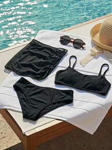 DAZY Tween Girl Solid Color Tank Top + Bikini Bottom + Cover-Up Skirt 3-Piece Swimwear Set Summer - Black - View 3