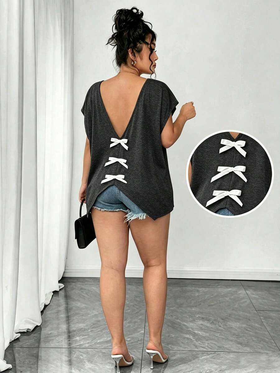 Elenzga 大尺碼女款 V 領蝴蝶結裝飾短袖 T 恤 - 深灰色 - 查看 1