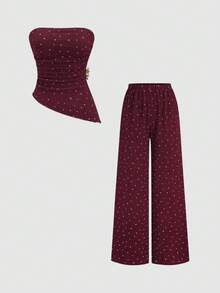 Sweetra Spring/Summer Fashion New Vintage Strapless Ruched Metal Buckle Waist-Cinching Slimming Asymmetrical Hem Top & Minimalist Wide Leg Long Pants Elegant Women's Brown Polka Dot 2-Piece Set - Burgundy - View 3