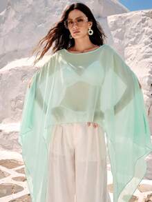 SHEIN Women's Solid Color Round Neck Asymmetric Design Loose Top For Vacation - Mint Green - View 7