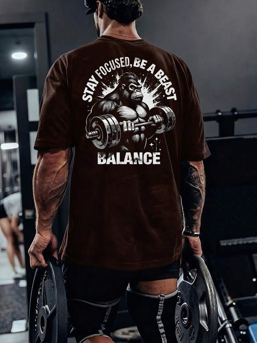 GymBeat 男士標語大猩猩印花短袖運動T恤 - 咖啡棕 - 查看 1