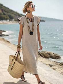Faunlyn Women's Piped Keyhole Neckline Ruffle Sleeve Midi Dress Vacation Summer Casual French Everyday Going Out Holiday Outfits Black And Silver - Khaki - View 4