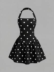 SHEIN 女童休閒時尚波點掛脖A字洋裝 - 黑色 - 查看 8