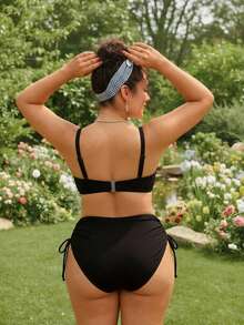 SHEIN Swim Plus Size 2026 Spring/Summer Hot-Selling New Digital Print Push-Up Underwire Shell Hard Cup Swimwear With Detachable Adjustable Shoulder Straps, Easy On/Off High-End Metal Back Clasp, Traditional Sexy High-Waist Triangle Bikini Bottom With Side Tie-Up Adjustable Design, Casual Fashion Vacation Beach Swimwear - Brown - View 3