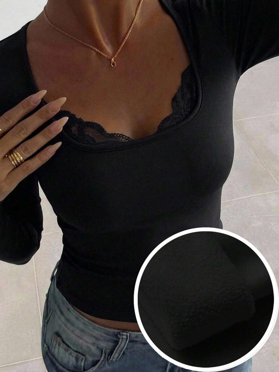 FRIFUL Women's Solid Color Contrast Lace Short Sleeve Fitted T-Shirt - Black - View 1