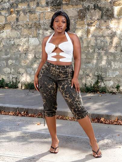 CurvyTilda Quần jeans ống đứng cạp thấp họa tiết da báo cổ điển thường ngày cỡ lớn