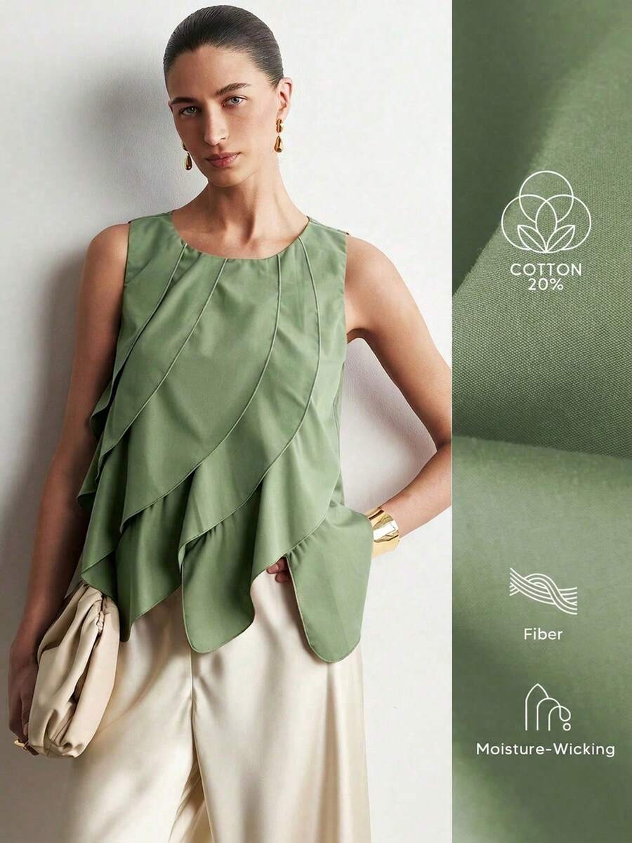 Aalyst Women's Spring/Summer New Vintage Old Money Elegant French Style Commuter Daily Work Garden Party Cocktail Cotton Linen Feel Ruffle Top - Green - View 1