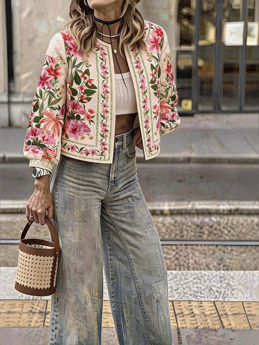 Travachic Women's Floral Print Open Front Casual Elegant Jacket For Wedding Birthday Party Pink White Autumn - Multicolor - View 1