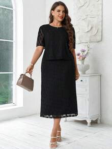 Miaspire Plus Size Women's Summer Elegant Casual Lace Blouse And Skirt 2-Piece Set, Black - Black - View 11
