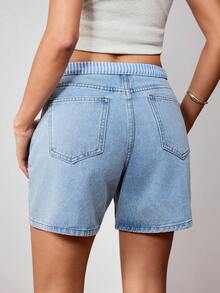 SHEIN Women's Blue And White Stripe Summer Loose Slimming Casual Streetwear Y2k A-Line Cuffed Denim Shorts Unique Contrast Color Striped Waistband - Light Wash - View 2