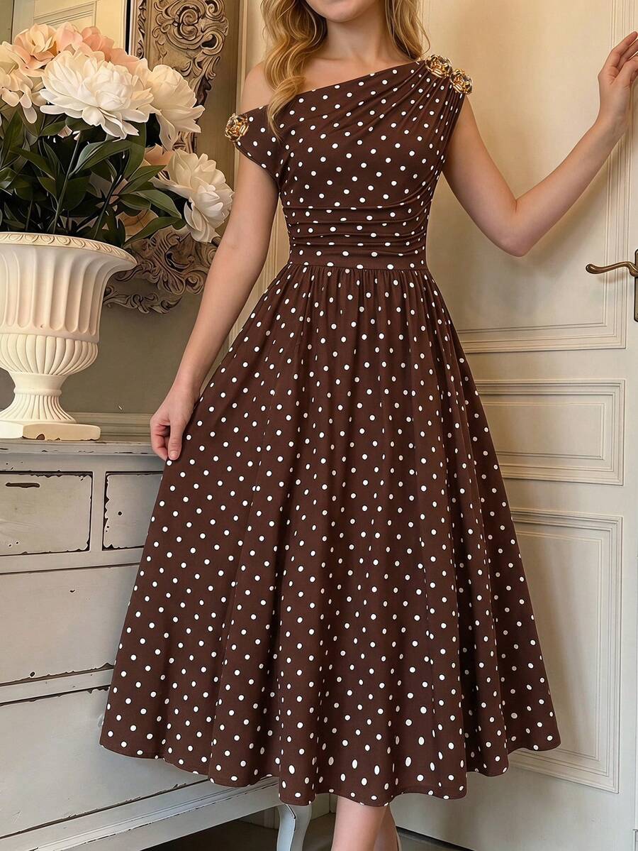 Tween Girl Elegant Commuter Fitted Sleeveless Asymmetric Neck Metal Buckle Flower Decor Pleated Midi Dress Brown And White Polka Dot Tea Party