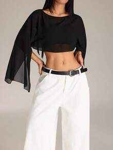 SHEIN PETITE 女款純色圓領不對稱下擺短版時尚上衣 - 黑色 - 查看 1