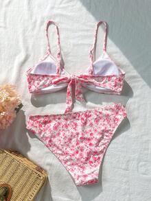 Swim Mod 女款兩件式比基尼泳衣套裝，小碎花圖案，隨機雙肩帶設計，胸前蝴蝶結裝飾，高腰，海島沙灘休閒度假泳裝 - 玫紅色 - 查看 3
