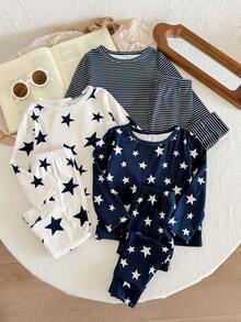 LMoss Kids Baby Boy Knitted Striped Star Pattern Crew Neck T-Shirt And Long Winter Pants 6pcs -Piece Set - Blue and White - View 5