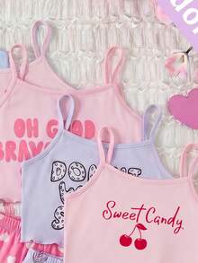 [Enviado al azar 1 set]Pijama para niñas preadolescentes, nuevo estilo de verano, lindo estampado de conejo de dibujos animados, lazo, cereza, letra inglesa, top de tirantes con volantes de punto y shorts con estampado integral, conjunto de 2 piezas 1 set (Enviado al azar) - Blanco - Ver 4