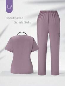 TaskEZ Scrubs Set: V-Neck Short Sleeve Top & Pants Scrub Uniform For Healthcare Workers - Dusty Purple - View 2