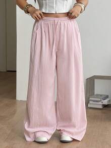 Coolane 休閒百搭粉色編織大尺碼長褲 - 淺粉色 - 查看 3