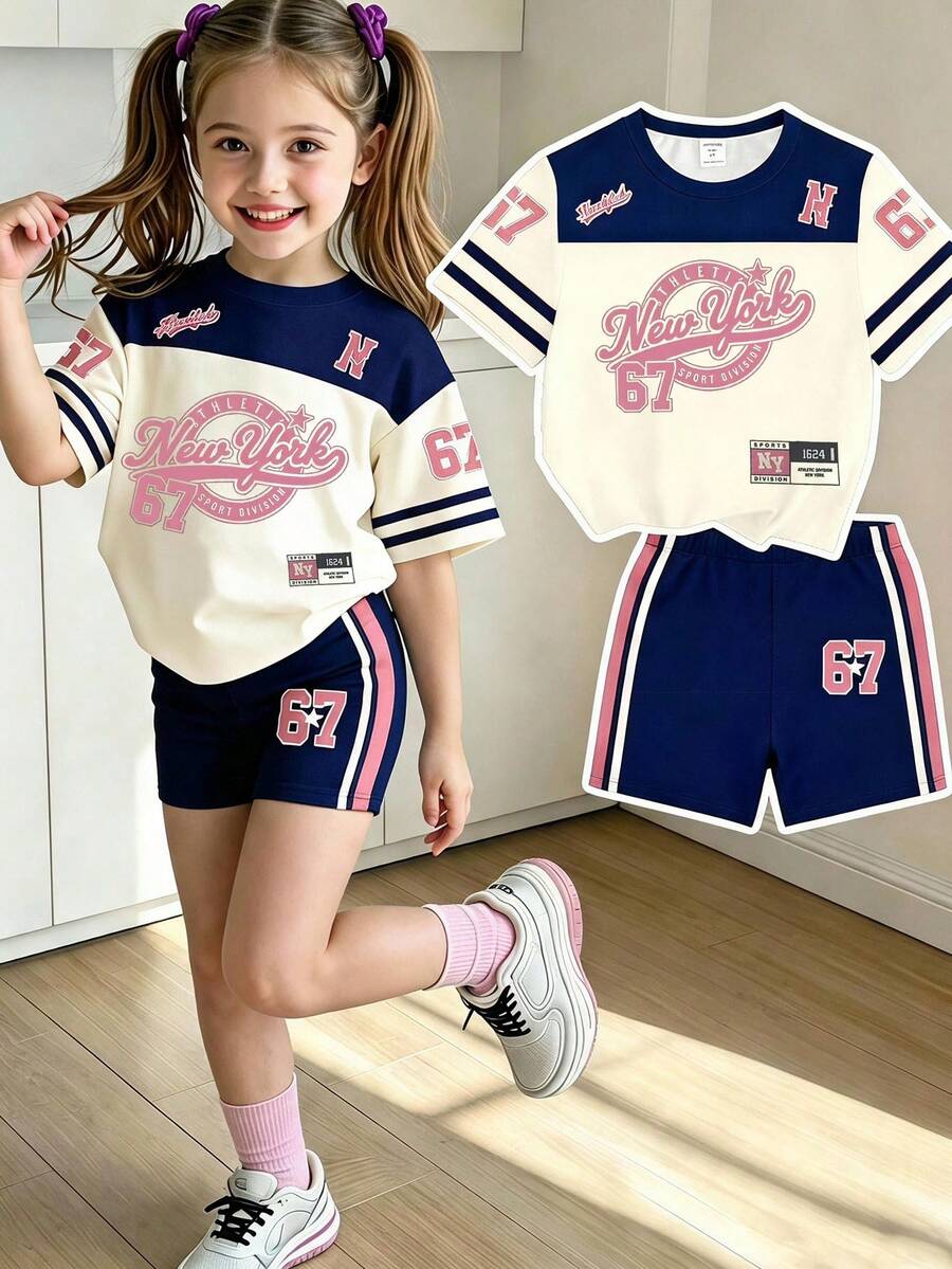 Young Girl Round Neck Letter Print Short Sleeve T-Shirt And Shorts Casual Daily Set Back-To-School School - Multicolor - View 1