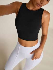 SHEIN BAE Solid Cut Out Back Sports Tank Top Fitted Shirt - Black - View 7