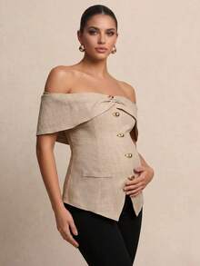 MaterniChic A Maternity Blouse With Metal Button Embellishments, A Slit Hem, And Off-The-Shoulder Design, In Apricot Color, Perfect For An Elegant Summer Look. - Khaki - View 1